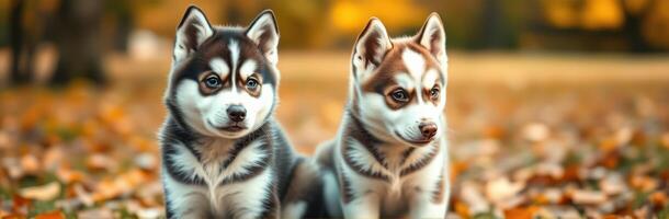 Puppy Duo of Siberian Huskies Playing in Autumn Leaves. Adorable Furry Friends Bonding in Nature photo