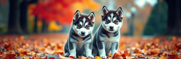 Puppies and Huskies Playing in Autumn Leaves - Cute Adorable Dogs Bonding in Nature with Warm Colors and Furry Friendship photo