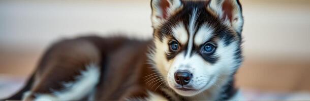 Cute and Fluffy Siberian Husky Puppy with Blue Eyes Sitting in Natural Light - Adorable Dog Portrait photo