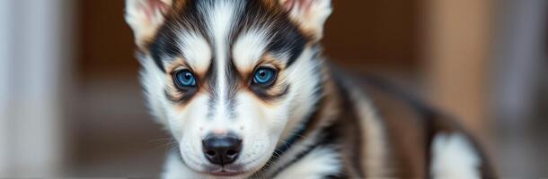 Cute Siberian Husky Puppy with Blue Eyes and Fluffy Fur in a Close-up Portrait photo