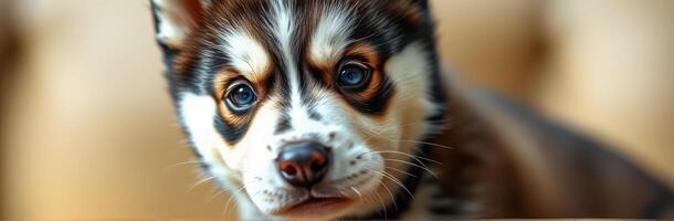 Cute Close-Up Portrait of a Playful Husky Puppy with Captivating Blue Eyes and Adorable Expression photo