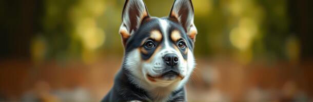 Cute and Adorable Puppy Portrait in Green Garden with Nature Light and Bokeh Background photo