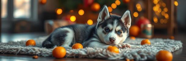 Adorable Husky Puppy Resting Indoors on a Cozy Rug with Blue Eyes Surrounded by Colorful Tangerines and Festive Holiday Decor photo