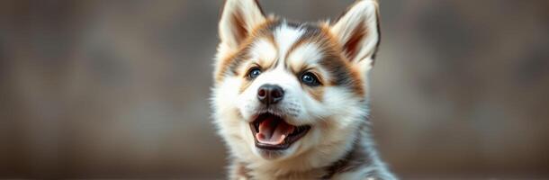 Cute and Playful Puppy Dog Portrait with Blue Eyes and Adorable Expression in Warm Lighting photo