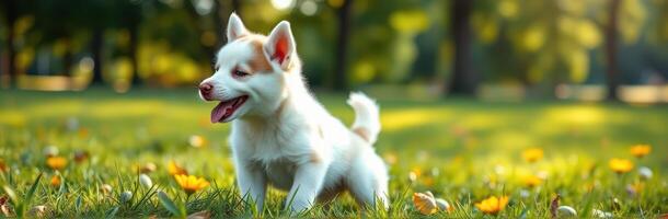 Happy Puppy Playing in Sunny Park with Flowers - Adorable Canine Portrait in Beautiful Nature Background photo
