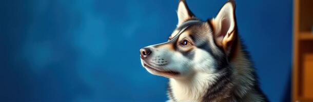 Happy Siberian Husky Portrait on Blue Background - Close-Up of Loyal Canine Companion with Fluffy Fur and Alert Expression photo