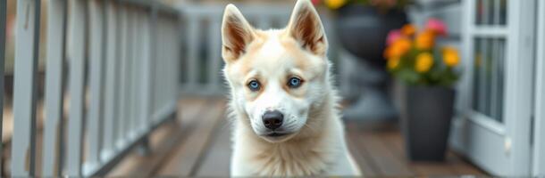 Cute Puppy with Blue Eyes and Fluffy Fur Posing Outdoors in a Colorful Garden - Dog Photography Portrait of a Happy Siberian Husky Mixed Breed photo