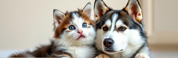 Cute Adorable Kitten and Puppy Companionship. Fluffy Siberian Husky and Playful Cat Best Friends in Happy Togetherness photo