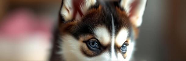 Close-Up Portrait of an Adorable Puppy with Blue Eyes and Fluffy Fur Against a Vivid Bokeh Background photo