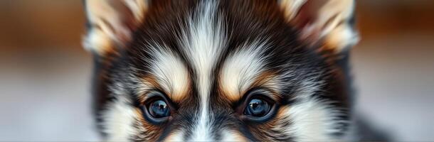 Cute Puppy Close-Up Portrait with Endearing Brown, Black, and White Furry Features and Innocent Eyes photo