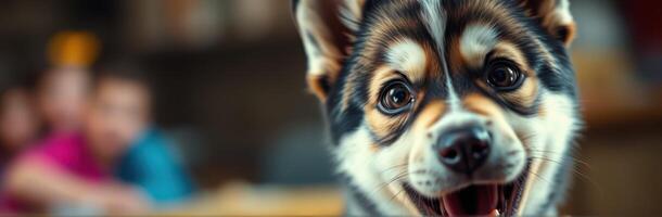 Cute Dog Close-Up. Adorable Puppy Portrait with Playful Expression and Warm Lighting in Home Environment photo