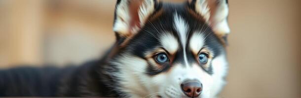 Cute Adorable Puppy Husky with Blue Eyes in Close-Up Portrait - Fluffy Black and White Domestic Dog with Sweet Expression and Friendly Paws photo