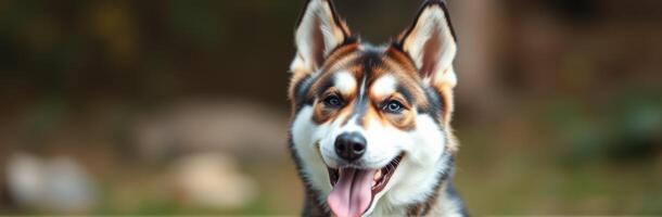 Cute Smiling Husky Mixed Breed Dog Portrait with Blue Eyes and Playful Expression in Natural Outdoor Setting photo