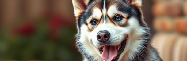 Cute and Fluffy Siberian Husky Close-Up Portrait in Outdoor Nature Setting with Happy Expression and Adorable Tongue Out photo