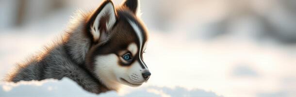 Cute Siberian Husky Puppy Playing in Snow. Adorable Fluffy Canine with Blue Eyes and Playful Personality in Winter Outdoors photo