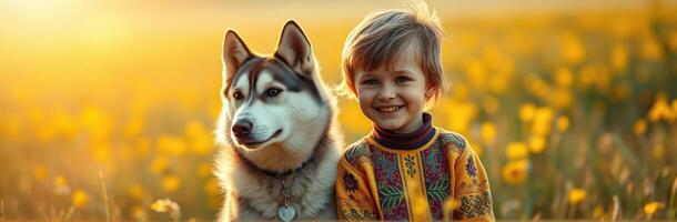 Happy Child and Playful Siberian Husky in Blooming Field of Yellow Flowers - Joyful Friendship Portrait in Nature with Sunshine photo