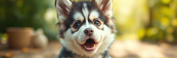 Cute and Playful Siberian Husky Puppy with Fluffy Fur and Happy Expression in a Sunlit Nature Setting photo