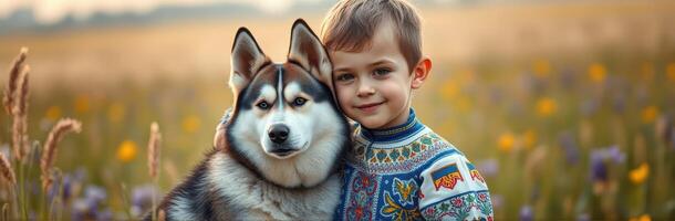 Boy and Dog Portrait in Nature. A Cheerful Sibirian Husky and Child Bonding in a Flower-filled Meadow during Golden Hour photo