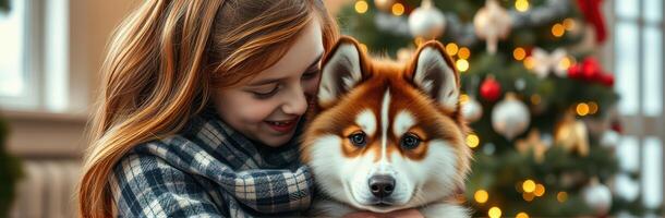 Cute Girl with Puppy by Christmas Tree. Joyful Holiday Celebration with Adorable Kid, Canine, and Festive Lights photo