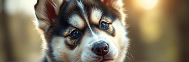 Cute Fluffy Puppy Closeup Portrait at Sunset with Charming Gaze and Happy Expression photo