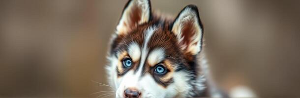 Siberian Husky Puppy with Striking Blue Eyes - Adorable Close-Up Portrait of a Playful and Furry Friend in Nature Light photo