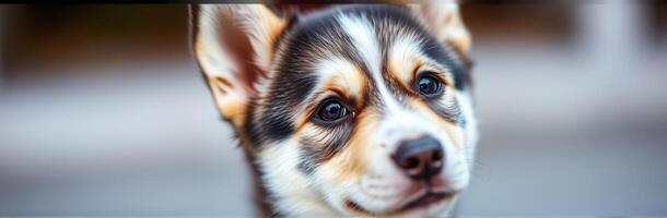 Cute Puppy Portrait. Adorable Young Dog with Playful Expression in Nature on a Bright Day photo