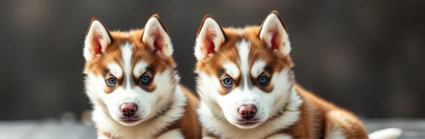 Fluffy Siberian Husky Puppies with Blue Eyes. Adorable Canine Pair Portrait with Playful Expressions in Nature Background photo