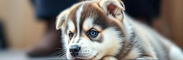 Cute and Adorable Puppy with Blue Eyes Lying Down, Fluffy Siberian Husky Napping on a Lazy Afternoon photo