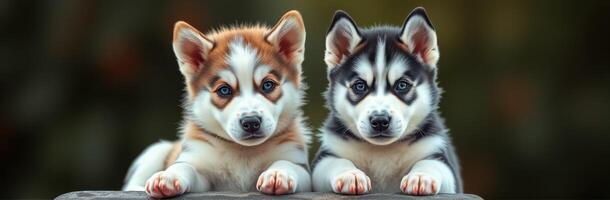 Cute Adorable Siberian Husky Puppies Siblings Playing Together in Nature with Beautiful Eyes and Playful Expressions photo