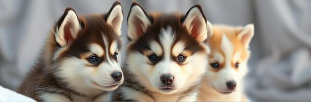 Adorable Three Siberian Husky Puppies Playfully Cuddling in a Nature Background - Cute Pet Photography of Furry Baby Animals photo