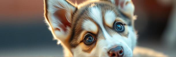 Cute Fluffy Puppy Close-Up Portrait. Adorable Brown and White Dog with Happy Expression and Wagging Tail photo