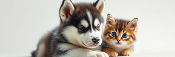 Cute Puppy and Kitten Relaxing Together. Adorable Fluffy Duo Showcasing Friendship and Innocence in Pet Photography photo
