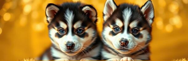 Cute and Adorable Twin Siberian Husky Puppies with Blue Eyes and Fluffy Coats in a Warm, Golden Background Portrait photo