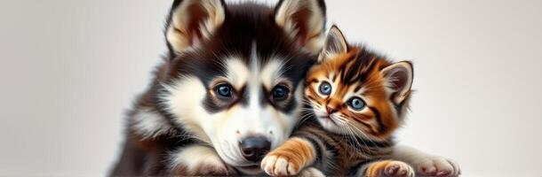 Adorable Puppy and Kitten Duo Cuddling Together in a Light Background - Cute Animals, Furry Friends, and Bonding Pets photo