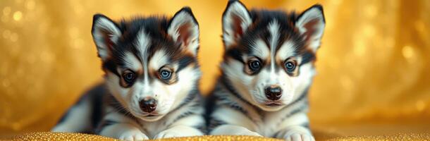 Cute and Adorable Huskies Puppies with Blue Eyes and Fluffy Fur in a Warm Bokeh Background photo