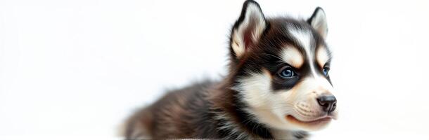 Adorable Siberian Husky Puppy with Blue Eyes on White Background - Cute and Playful Close-Up Portrait of a Fluffy Young Dog photo