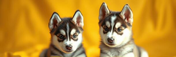 Cute Twin Siberian Huskies on a Yellow Background. Adorable Puppy Portraits and Playful Pet Bonding photo