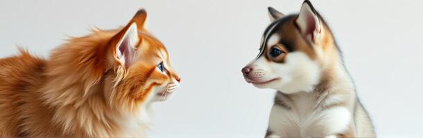 Cute Cat and Dog Meeting. Adorable Kitten and Puppy Face-to-Face in Vibrant Living Room Setting photo