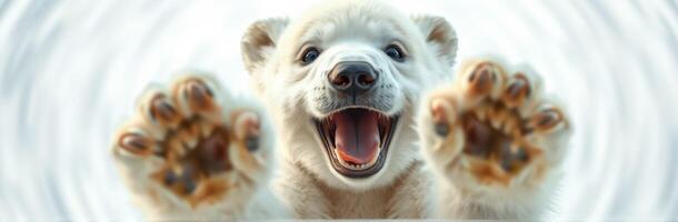 Cute Polar Bear Cub With Playful Smile in Front View - Adorable Wildlife Photography Capturing Pure Joy in Arctic Nature photo