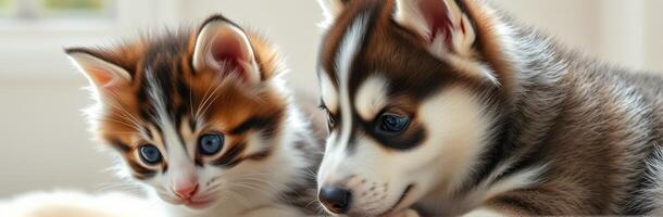 Adorable Kittens and Puppies. Fluffy Friendship Moments in a Cozy Indoor Setting photo