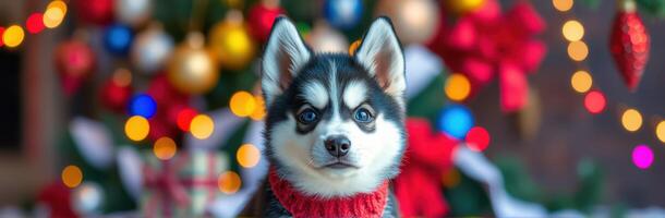 Cute Siberian Husky Puppy in Red Sweater with Christmas Decorations and Bokeh Background for Festive Holiday Portrait photo