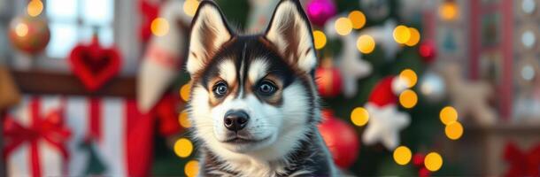 Cute Siberian Husky Puppy with Adorable Expression Surrounded by Christmas Decorations and Festive Lights in a Cozy Indoor Setting photo