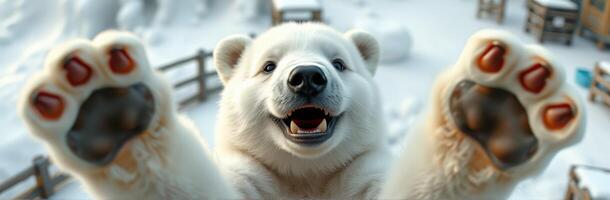 Playful Polar Bear Cub in a Snowy Wilderness. Cute and Curious Animal Portrait with an Expressive Face and Happy Bear Smile photo