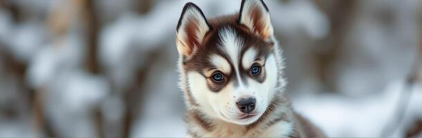 Cute Playful Puppy Face. Adorable Siberian Husky with Blue Eyes in Winter Wonderland Setting photo