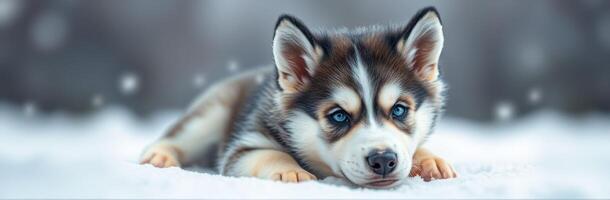 Cute Siberian Husky Puppy with Blue Eyes Playing in a Snowy Winter Landscape photo