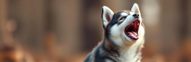 Cute Playful Yawning Puppy with Blue Eyes - Adorable Siberian Husky Portrait for Dog Lovers photo