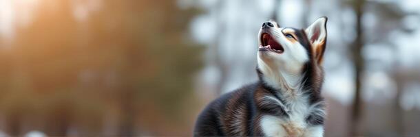 Smiling Siberian Husky Puppy Playing in Autumn Forest with Sunlight and Bokeh Background photo