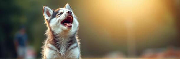 Cute Young Siberian Husky Puppy Yawning in Sunshine Outdoors with Blurred Greenery Background photo