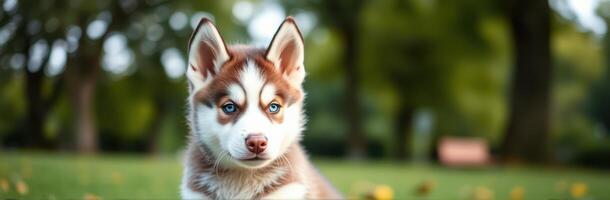 Cute Playful Siberian Husky Puppy with Blue Eyes in Sunny Outdoor Park Setting photo