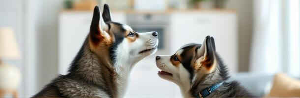 Adorable Playful Siberian Husky Puppies Interacting in Cozy Home Environment with Family Pets photo